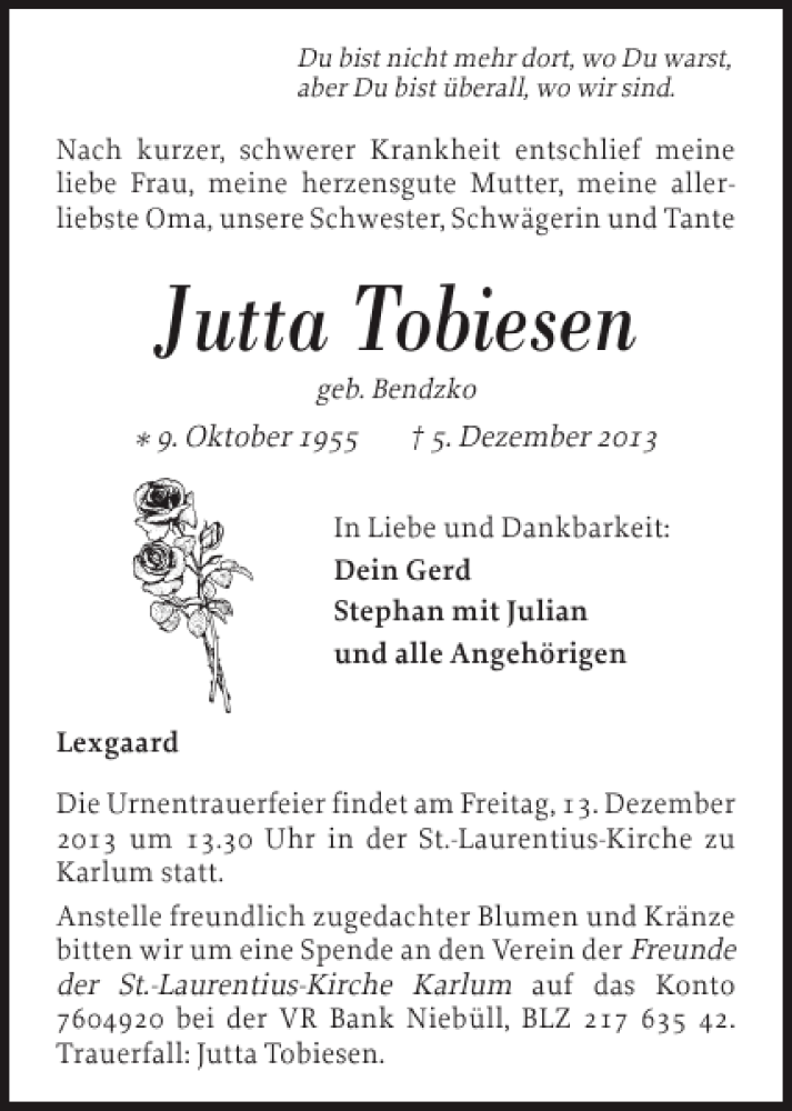  Traueranzeige für Jutta Tobiesen vom 10.12.2013 aus Nordfriesland Tageblatt
