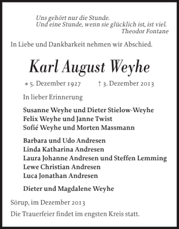 Traueranzeige von Karl August Weyhe von Flensburger Tageblatt