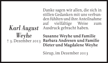 Traueranzeige von Karl August Weyhe von Flensburger Tageblatt