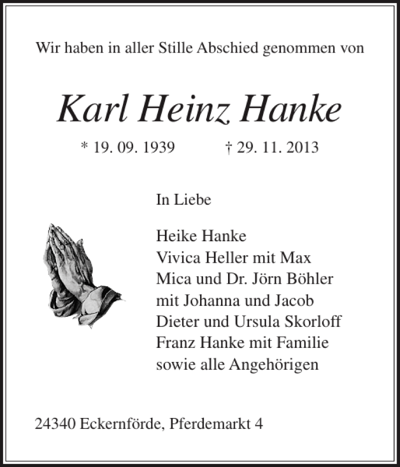  Traueranzeige für Karl Heinz Hanke vom 07.12.2013 aus Eckernförder Zeitung