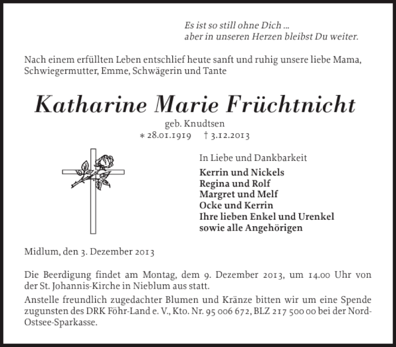  Traueranzeige für Katharine Marie Früchtnicht vom 05.12.2013 aus Der Insel-Bote