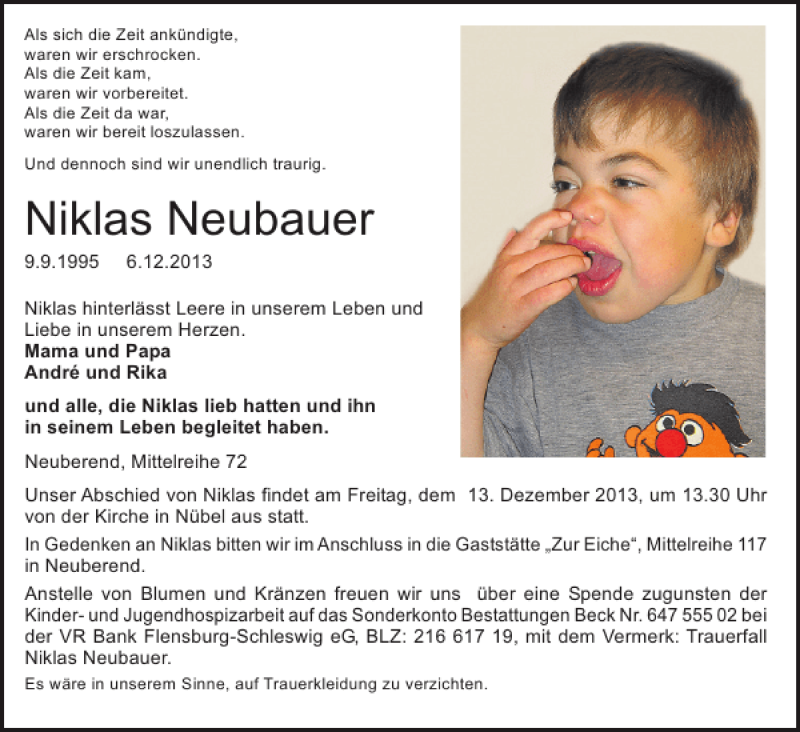  Traueranzeige für Niklas Neubauer vom 10.12.2013 aus Schleswiger Nachrichten
