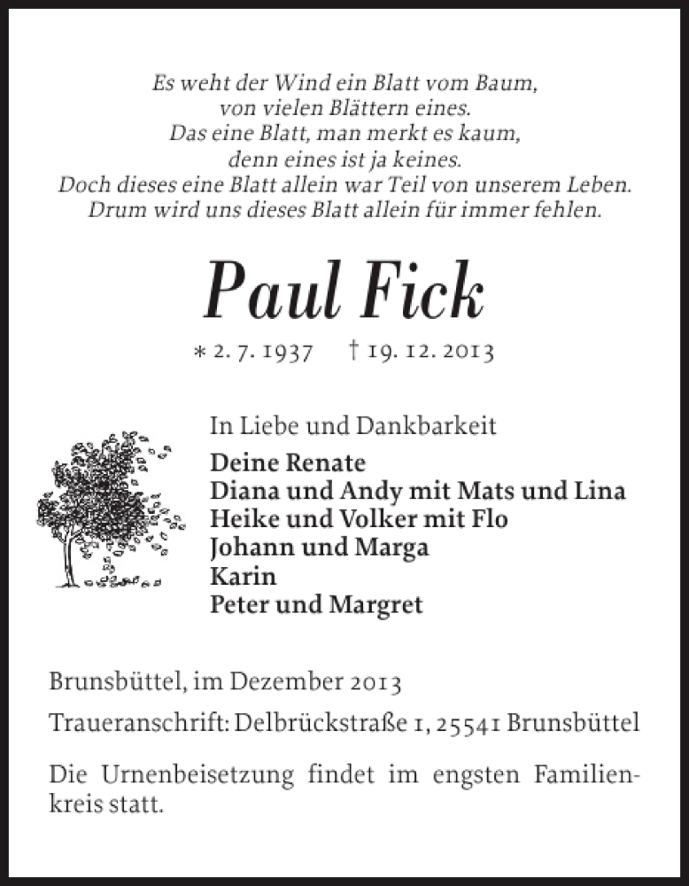  Traueranzeige für Paul Fick vom 24.12.2013 aus Norddeutsche Rundschau