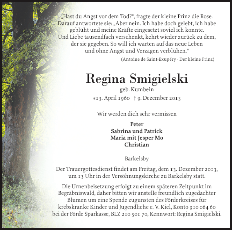  Traueranzeige für Regina Smigielski vom 11.12.2013 aus Eckernförder Zeitung