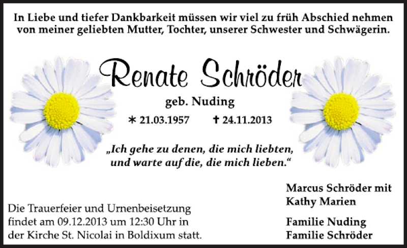  Traueranzeige für Renate Schröder vom 02.12.2013 aus Der Insel-Bote
