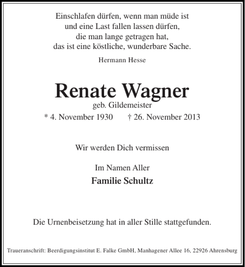  Traueranzeige für Renate Wagner vom 07.12.2013 aus Stormarner Tageblatt