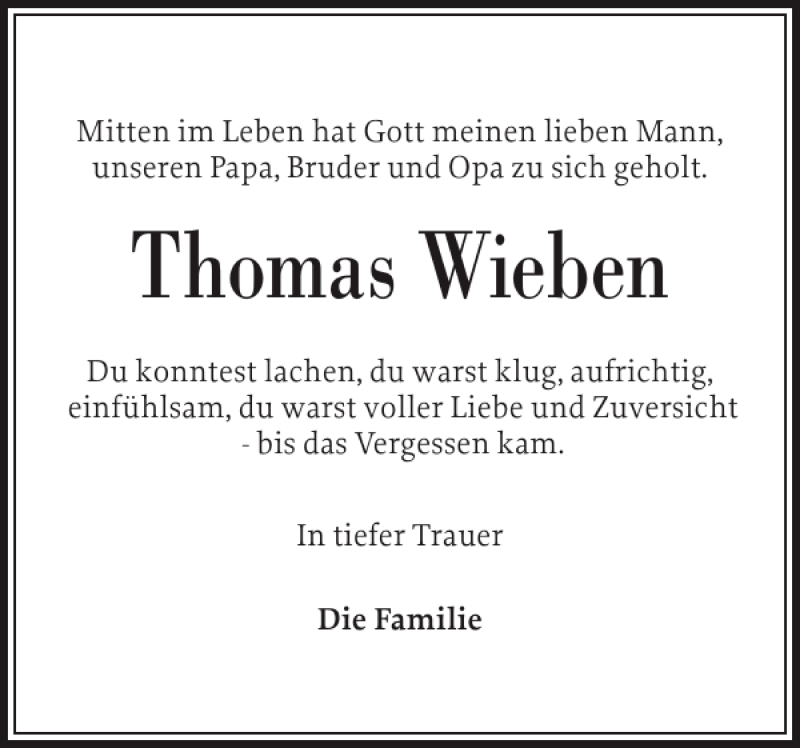  Traueranzeige für Thomas Wieben vom 30.12.2013 aus Husumer Nachrichten