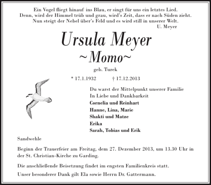  Traueranzeige für Ursula Meyer vom 20.12.2013 aus Husumer Nachrichten