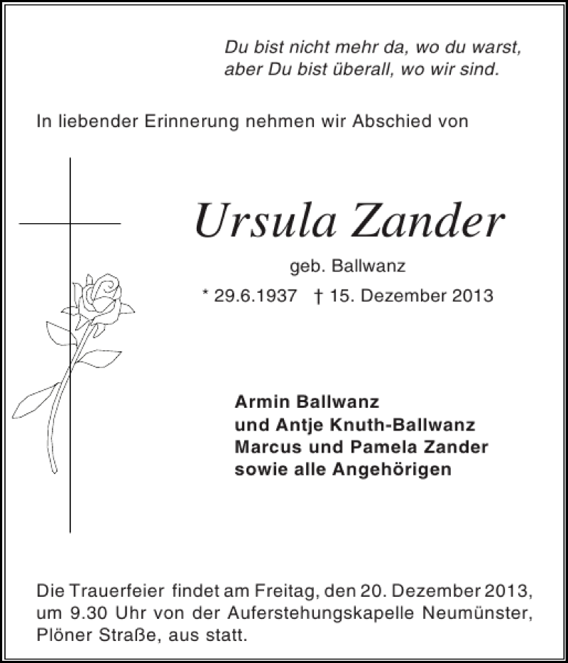  Traueranzeige für Ursula Zander vom 18.12.2013 aus Holsteinischer Courier