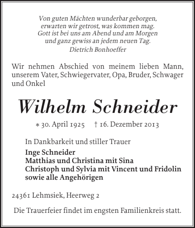  Traueranzeige für Wilhelm Schneider vom 19.12.2013 aus Eckernförder Zeitung