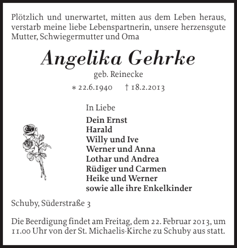  Traueranzeige für Angelika Gehrke vom 21.02.2013 aus Schleswiger Nachrichten