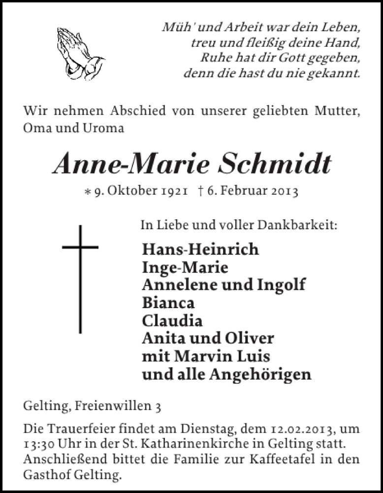  Traueranzeige für Anne-Marie Schmidt vom 09.02.2013 aus Flensburger Tageblatt