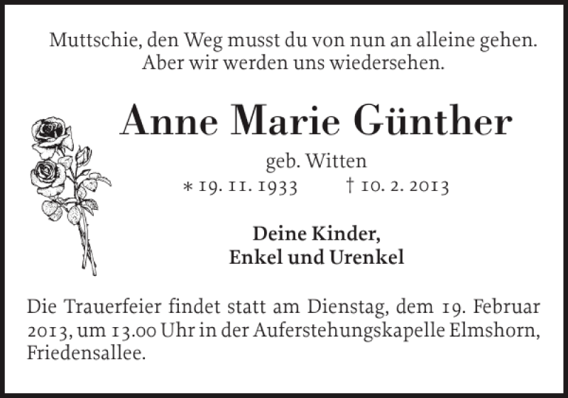  Traueranzeige für Anne Marie Günther vom 18.02.2013 aus Elmshorner Nachrichten