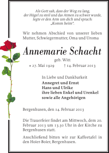Traueranzeige von Annemarie Schacht von Landeszeitung
