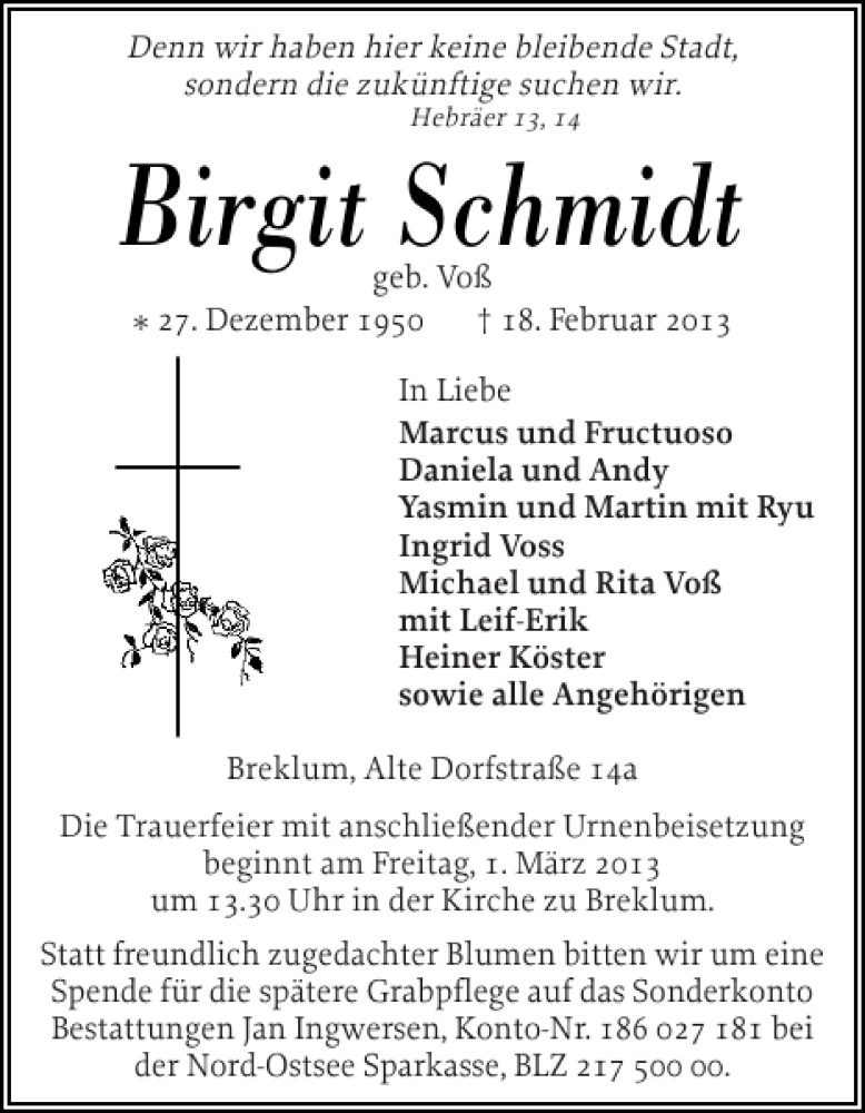  Traueranzeige für Birgit Schmidt vom 23.02.2013 aus Husumer Nachrichten