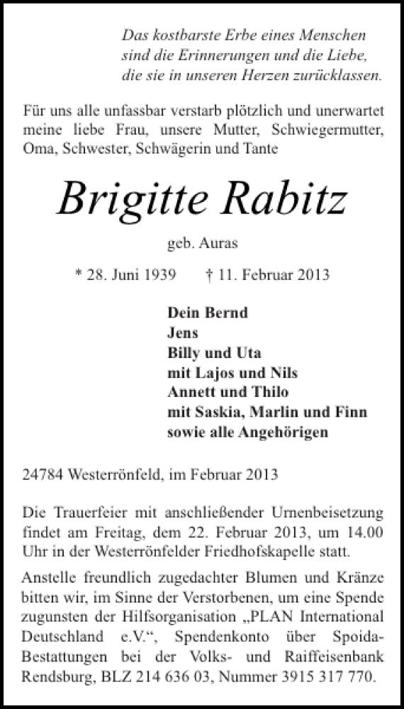  Traueranzeige für Brigitte Rabitz vom 16.02.2013 aus Landeszeitung
