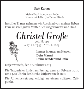 Traueranzeige von Christel Große von Landeszeitung