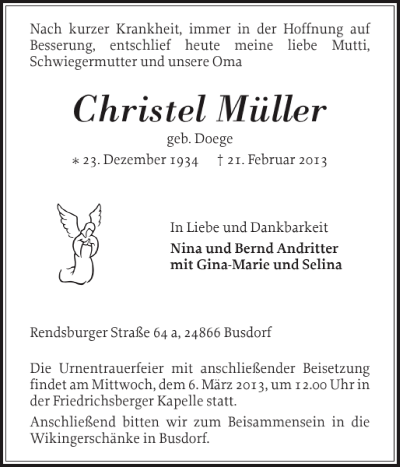  Traueranzeige für Christel Müller vom 25.02.2013 aus Schleswiger Nachrichten