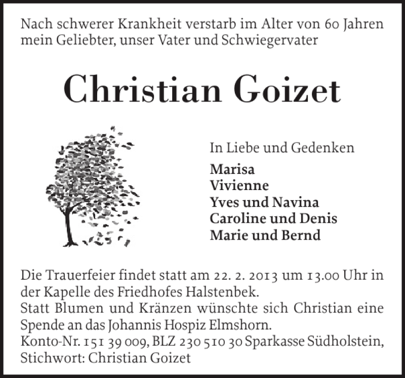  Traueranzeige für Christian Goizet vom 16.02.2013 aus Pinneberger Tageblatt