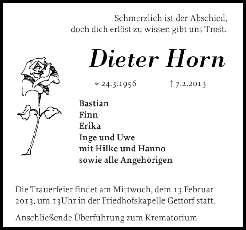  Traueranzeige für Dieter Horn vom 12.02.2013 aus Schleswiger Nachrichten