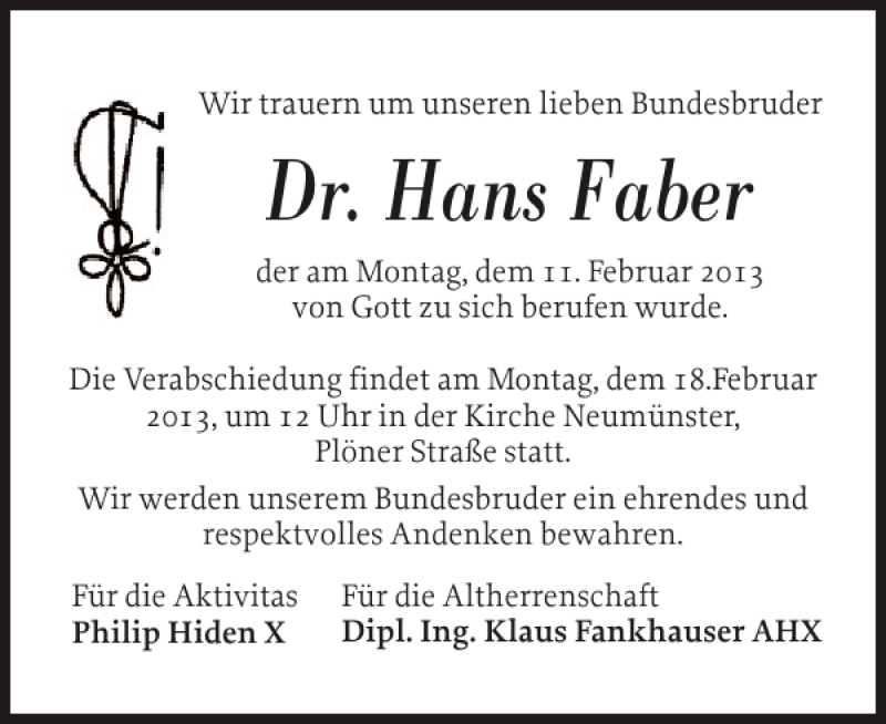  Traueranzeige für Dr. Hans Faber vom 18.02.2013 aus Holsteinischer Courier