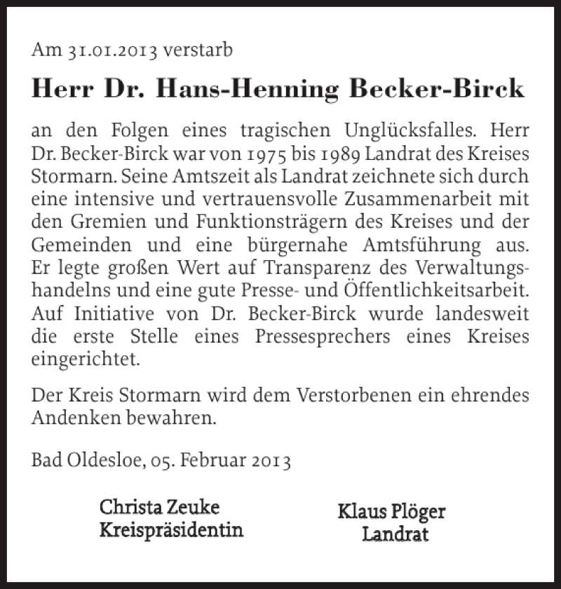  Traueranzeige für Dr. Hans-Henning Becker-Birck vom 07.02.2013 aus Stormarner Tageblatt