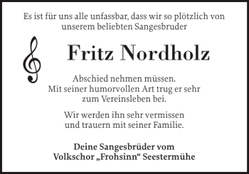 Traueranzeige von Fritz Nordholz von Elmshorner Nachrichten