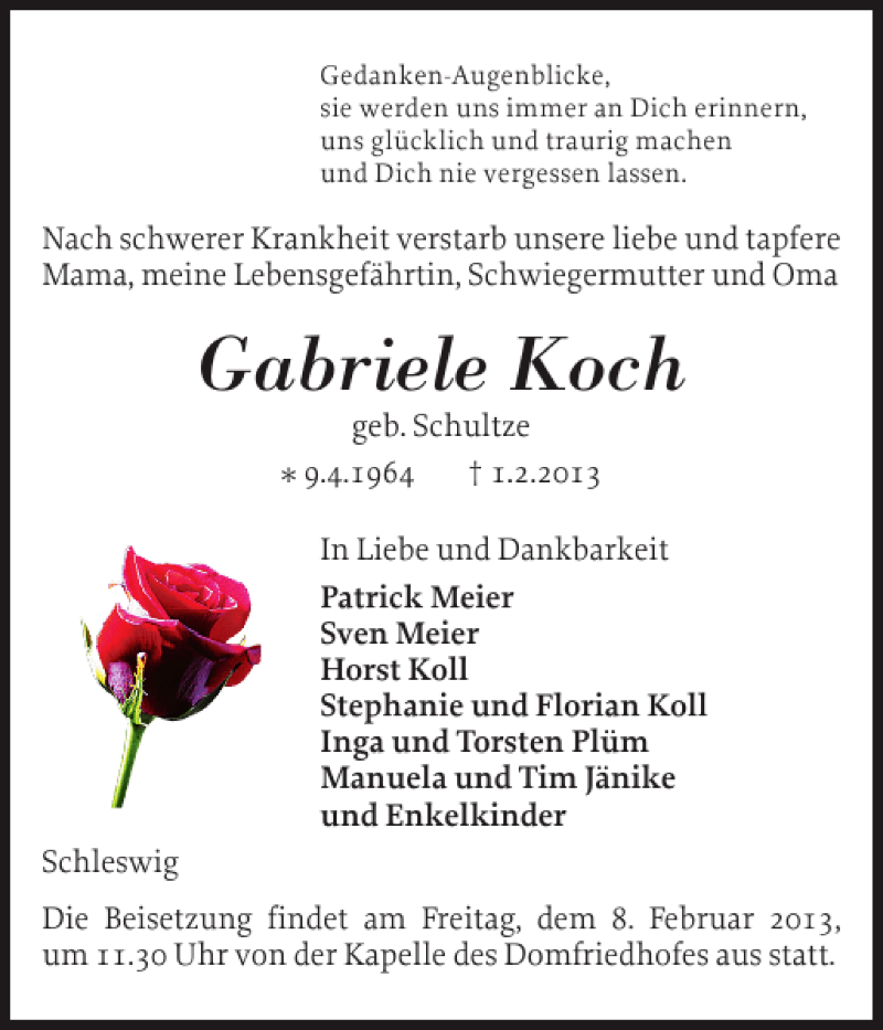  Traueranzeige für Gabriele Koch vom 06.02.2013 aus Schleswiger Nachrichten