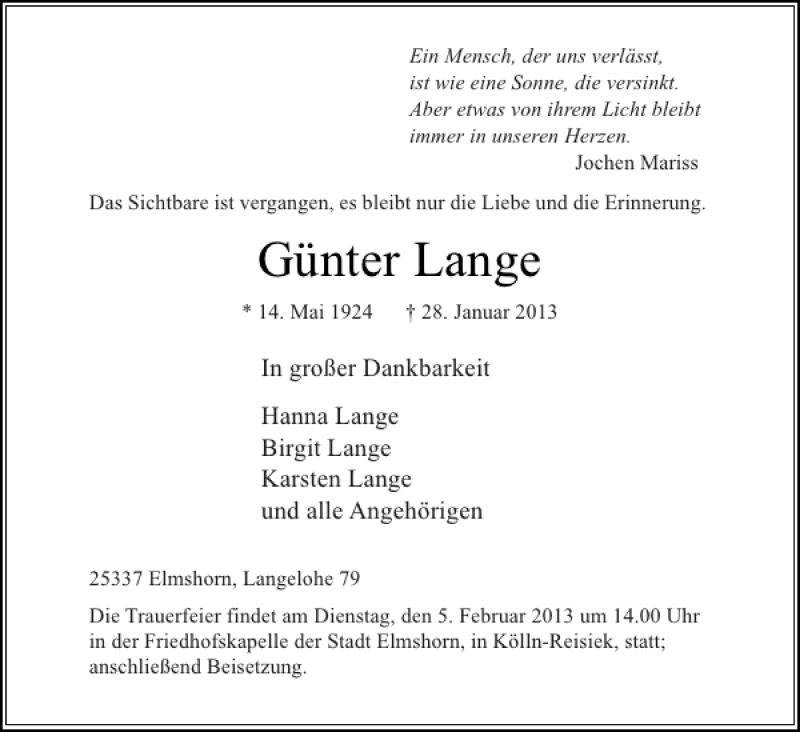  Traueranzeige für Günter Lange vom 02.02.2013 aus Elmshorner Nachrichten