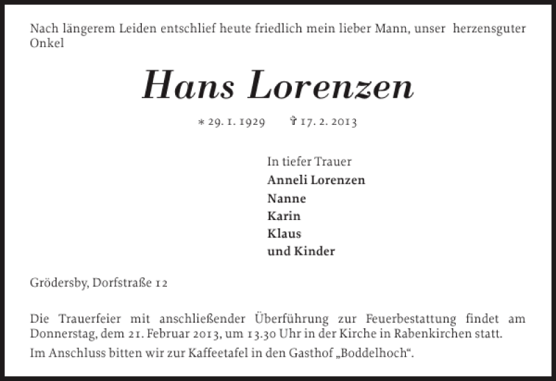  Traueranzeige für Hans Lorenzen vom 19.02.2013 aus Schlei-Bote