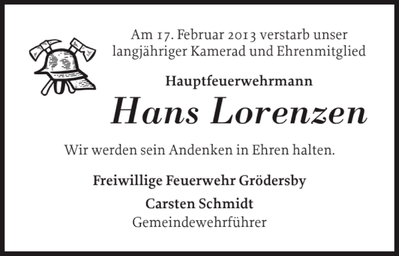  Traueranzeige für Hans Lorenzen vom 20.02.2013 aus Schlei-Bote
