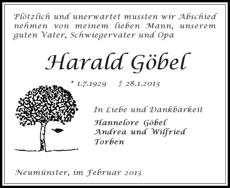  Traueranzeige für Harald Göbel vom 02.02.2013 aus Holsteinischer Courier