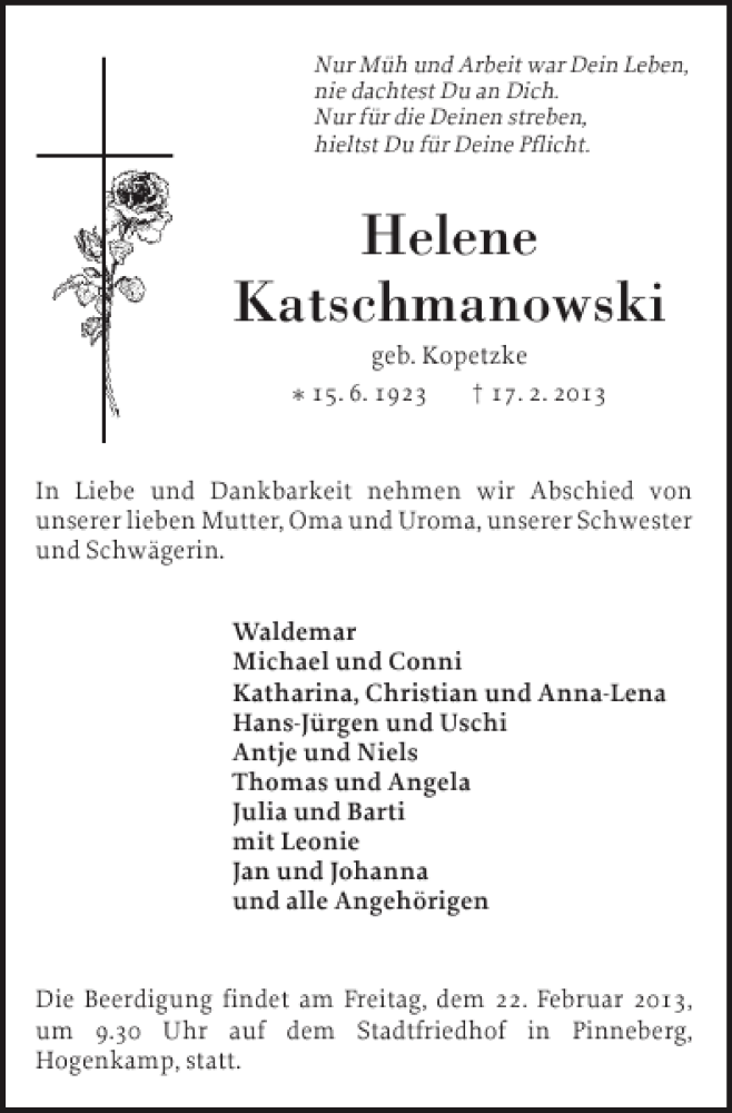  Traueranzeige für Helene Katschmanowski vom 20.02.2013 aus Pinneberger Tageblatt