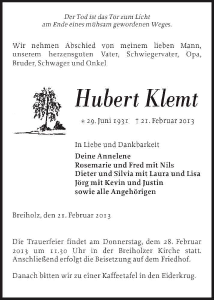  Traueranzeige für Hubert Klemt vom 25.02.2013 aus Landeszeitung