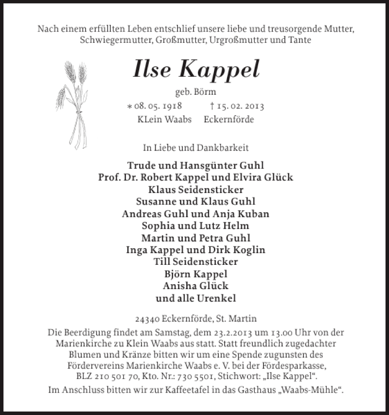  Traueranzeige für Ilse Kappel vom 19.02.2013 aus Eckernförder Zeitung