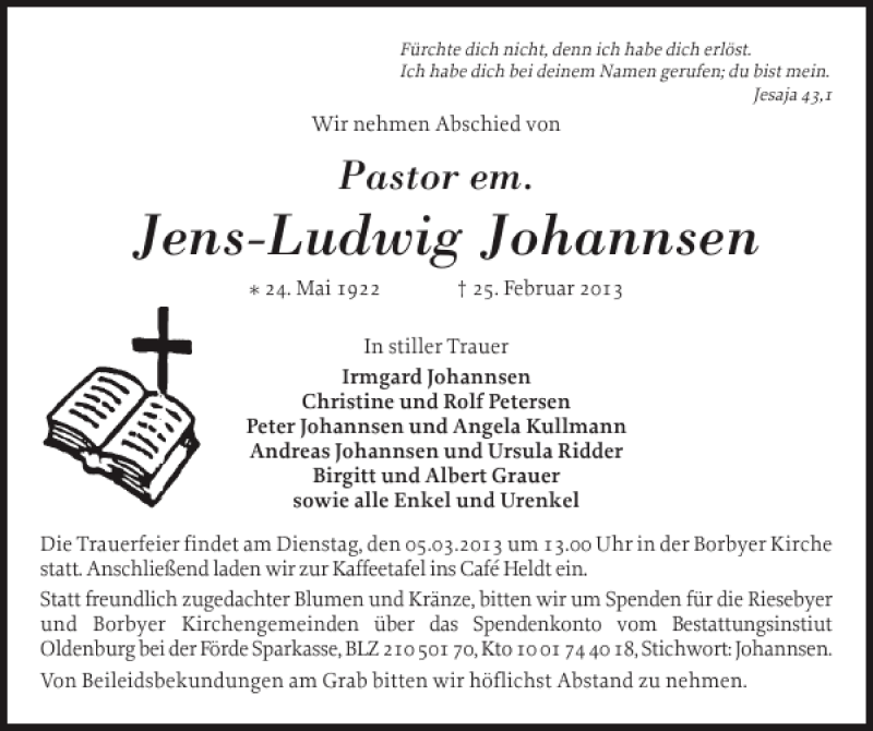  Traueranzeige für Jens-Ludwig Johannsen vom 28.02.2013 aus Eckernförder Zeitung