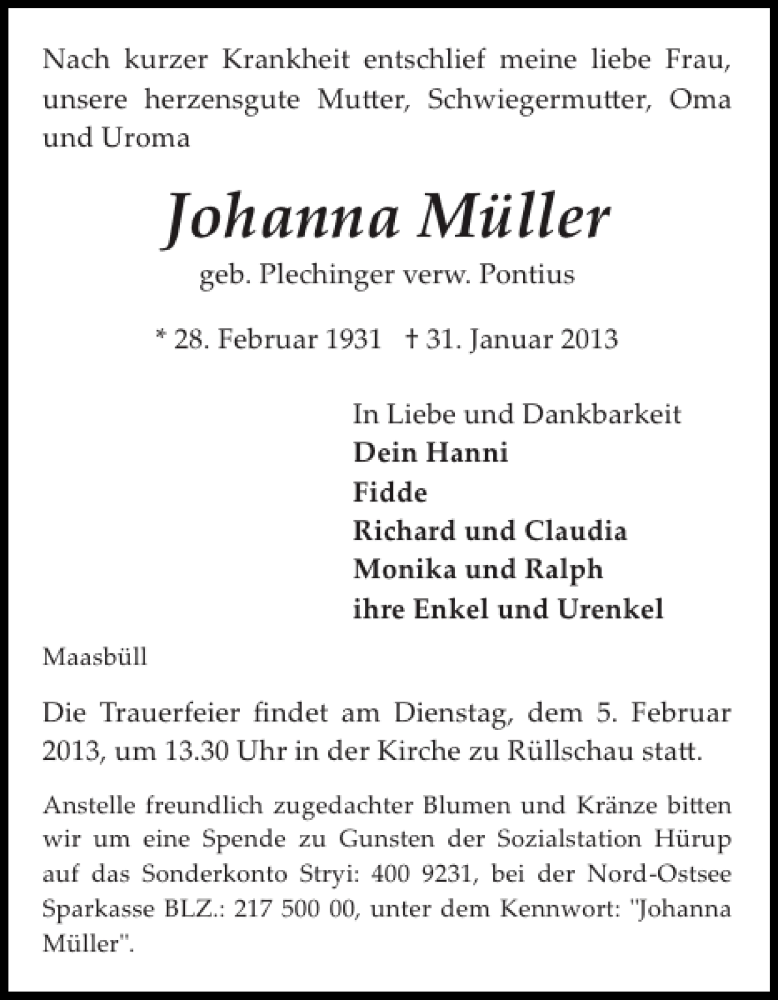  Traueranzeige für Johanna Müller vom 02.02.2013 aus Flensburger Tageblatt
