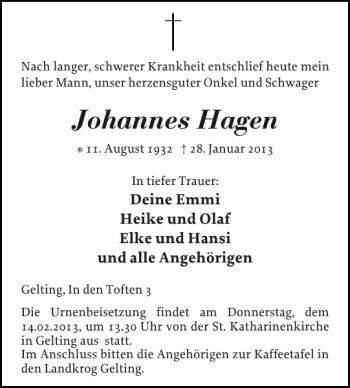 Traueranzeige von Johannes Hagen von Flensburger Tageblatt