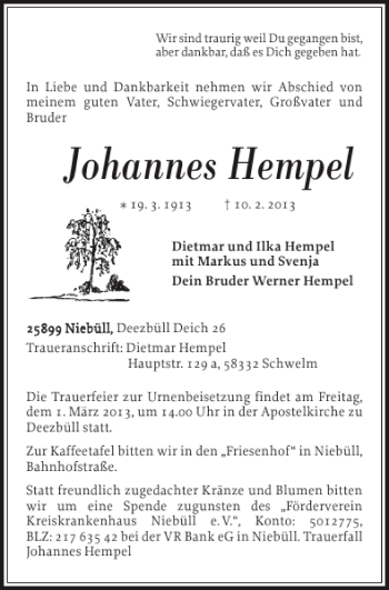 Traueranzeige von Johannes Hempel von Nordfriesland Tageblatt
