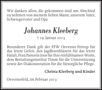 Traueranzeige von Johannes Kleeberg von Flensburger Tageblatt