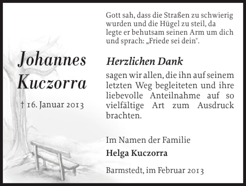  Traueranzeige für Johannes Kuczorra vom 16.02.2013 aus Elmshorner Nachrichten
