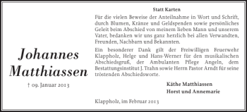 Traueranzeige von Johannes Matthiassen von Flensburger Tageblatt