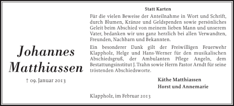  Traueranzeige für Johannes Matthiassen vom 09.02.2013 aus Flensburger Tageblatt