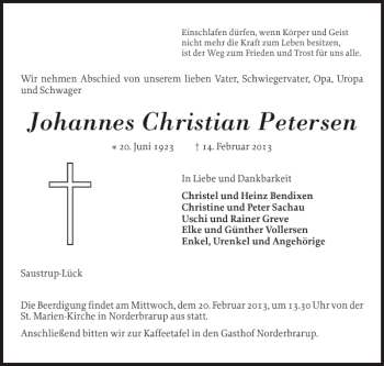 Traueranzeige von Johannes Christian Petersen von Flensburger Tageblatt