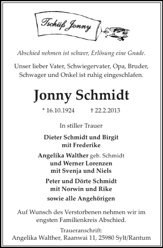  Traueranzeige für Jonny Schmidt vom 27.02.2013 aus Sylter Rundschau
