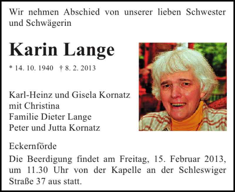  Traueranzeige für Karin Lange vom 14.02.2013 aus Eckernförder Zeitung