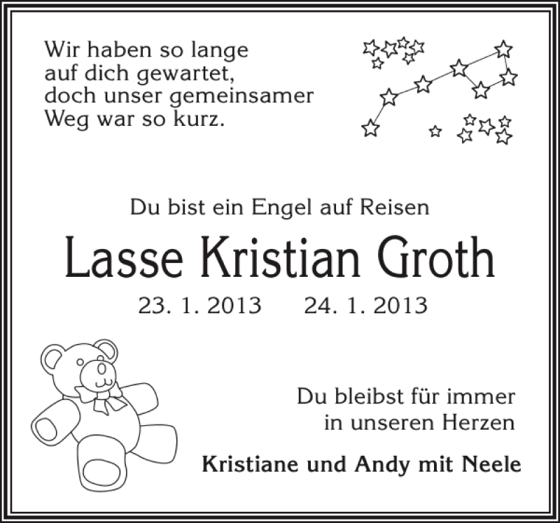 Traueranzeige für Lasse Kristian Groth vom 09.02.2013 aus Landeszeitung