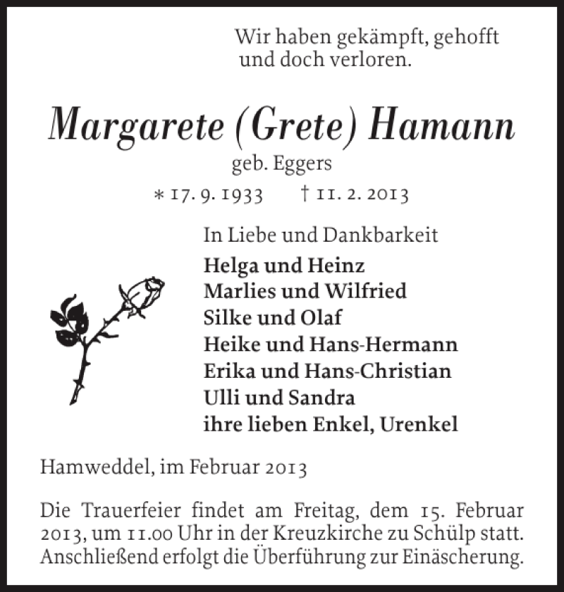  Traueranzeige für Margarete Grete Hamann vom 13.02.2013 aus Landeszeitung