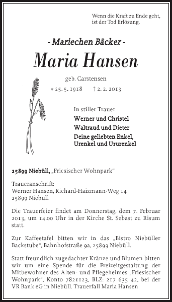  Traueranzeige für Maria Hansen vom 05.02.2013 aus Nordfriesland Tageblatt