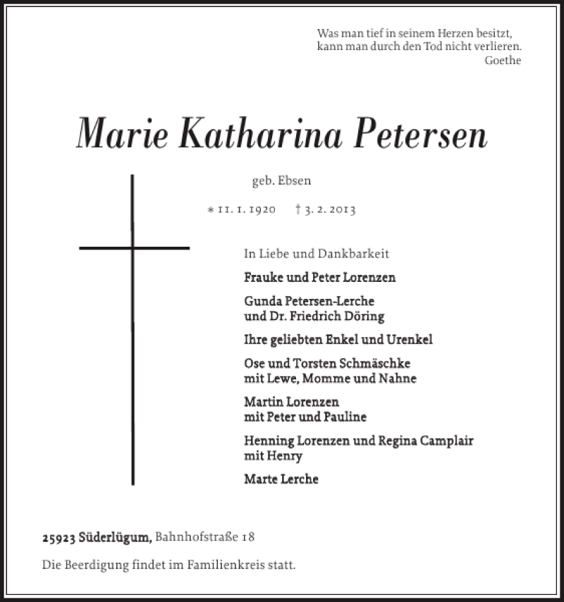  Traueranzeige für Marie Katharina Petersen vom 05.02.2013 aus Nordfriesland Tageblatt